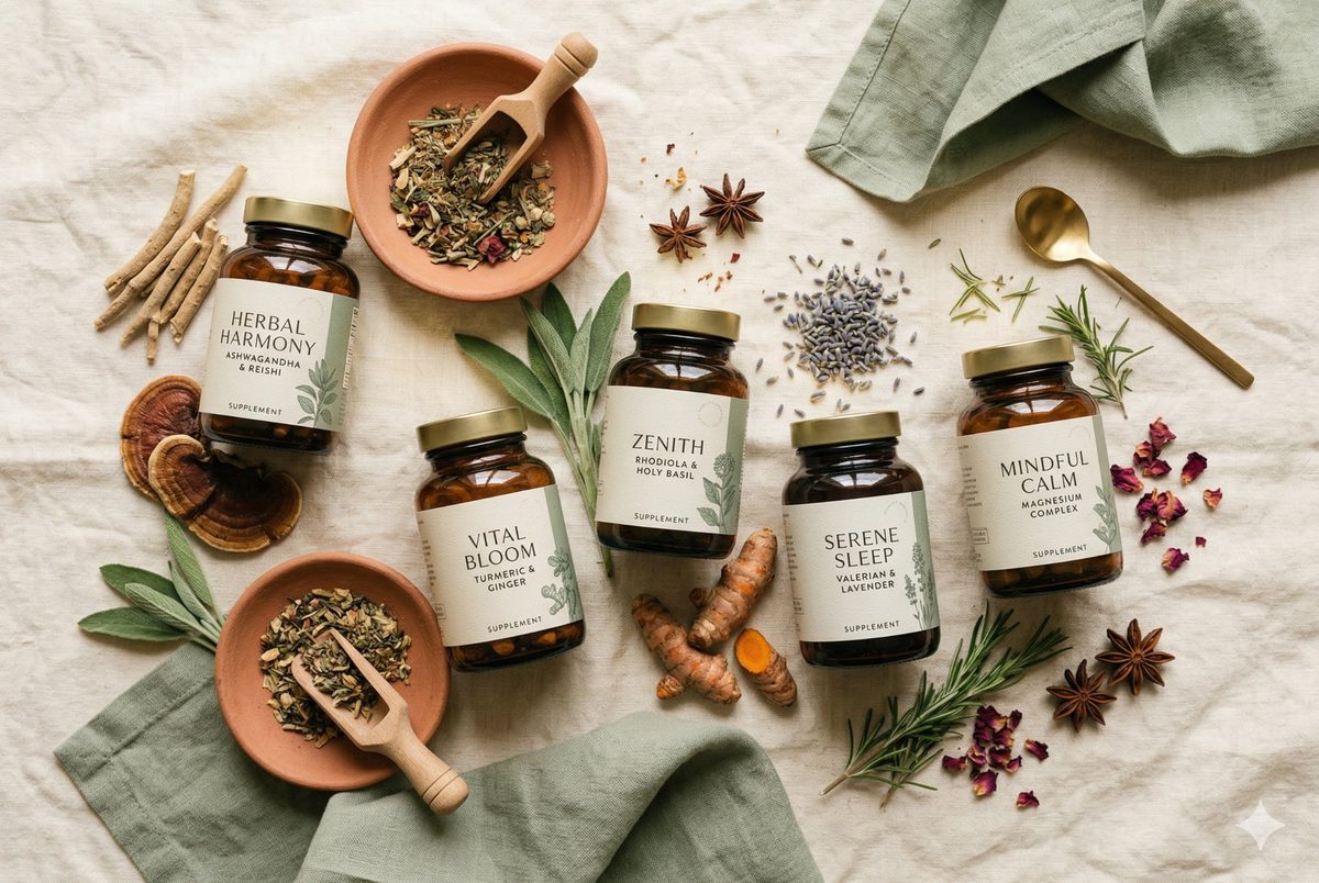 The best menopause supplement bottles arranged with ashwagandha, sage, lavender and botanical herbs on cream linen